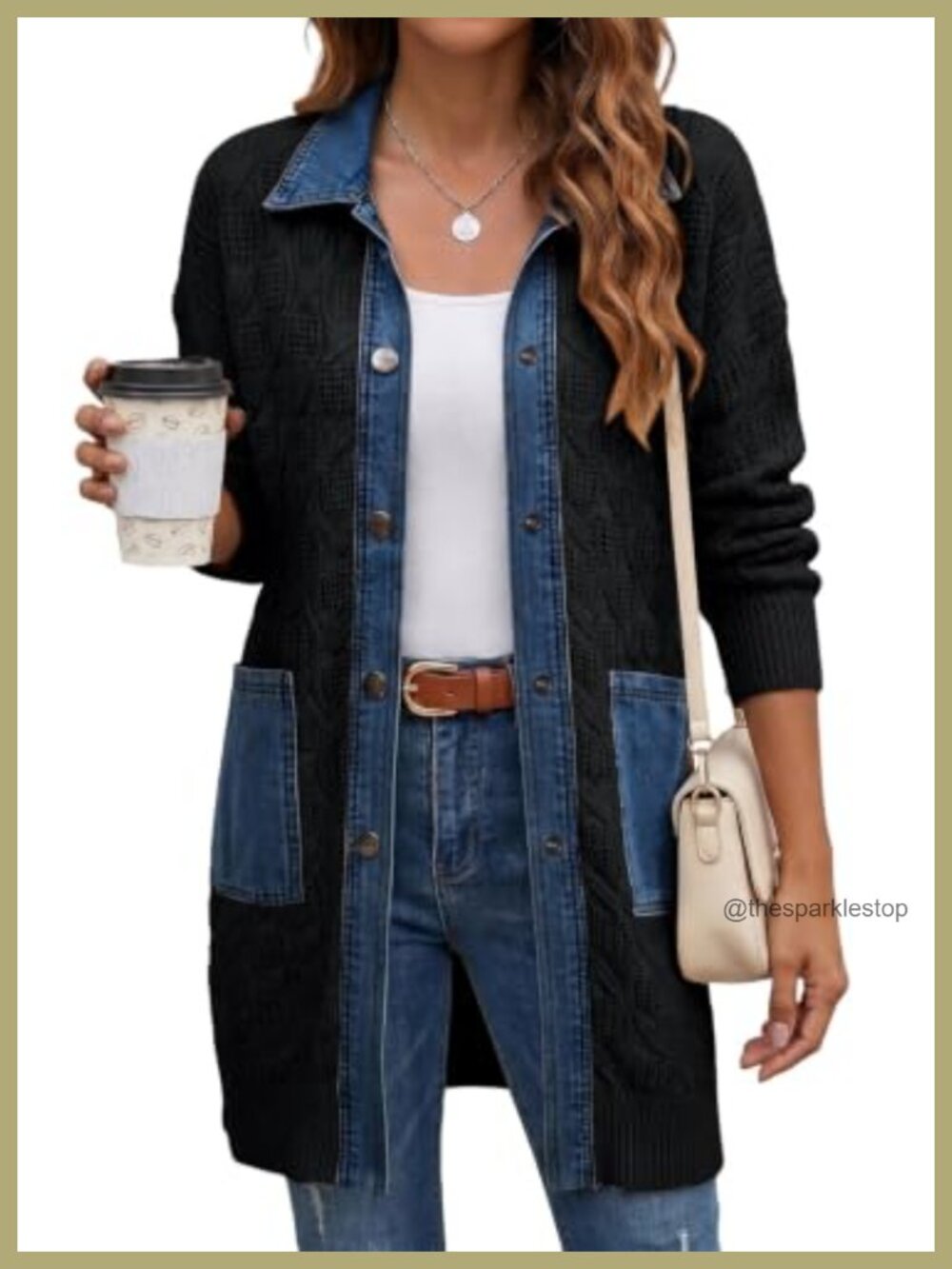 Denim Patchwork Cable Knit Button Down Cardigan Sweater